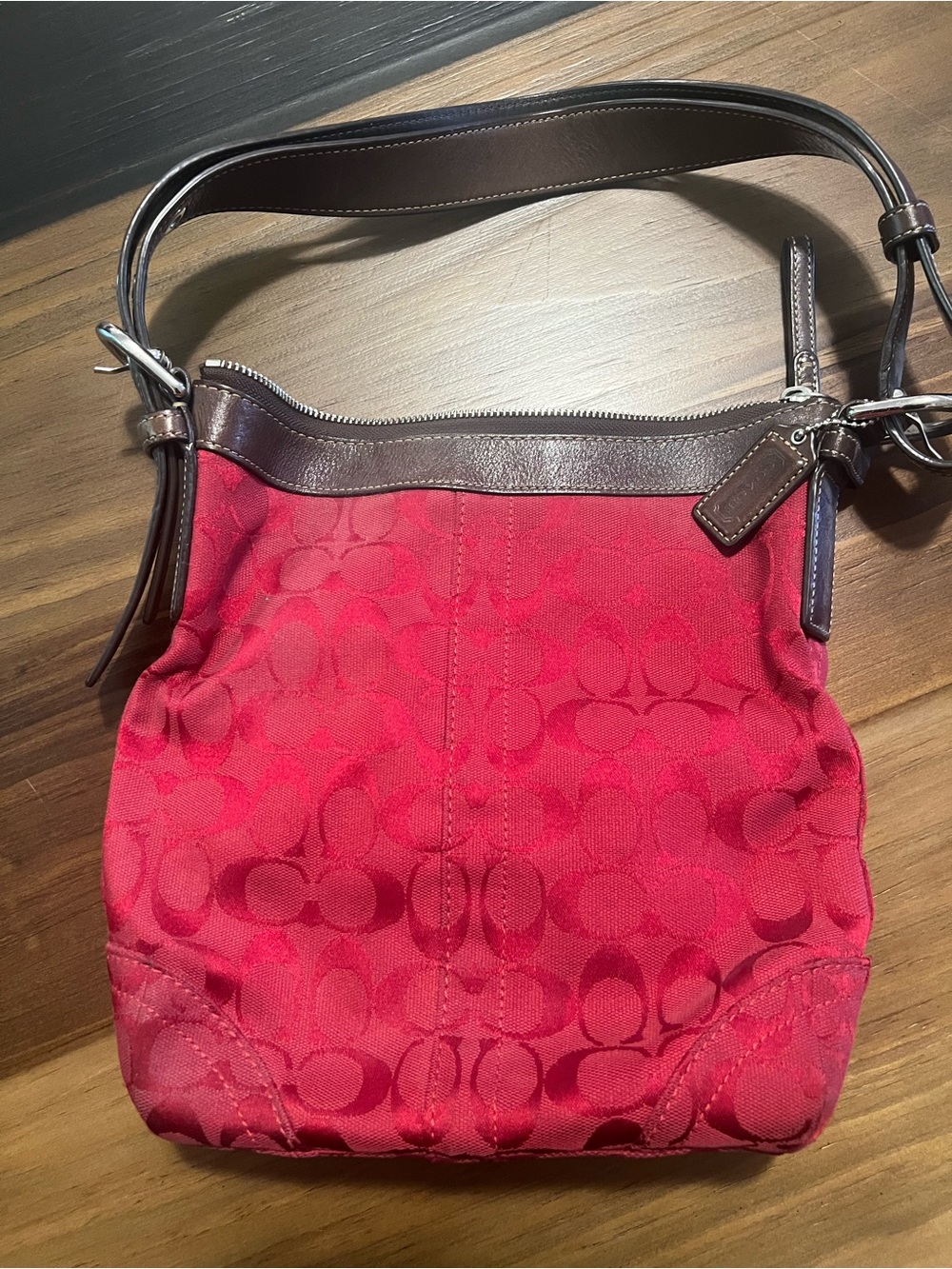 Coach Red Signature Logo Pattern Shoulder Bag with Brown Leather Trim silver